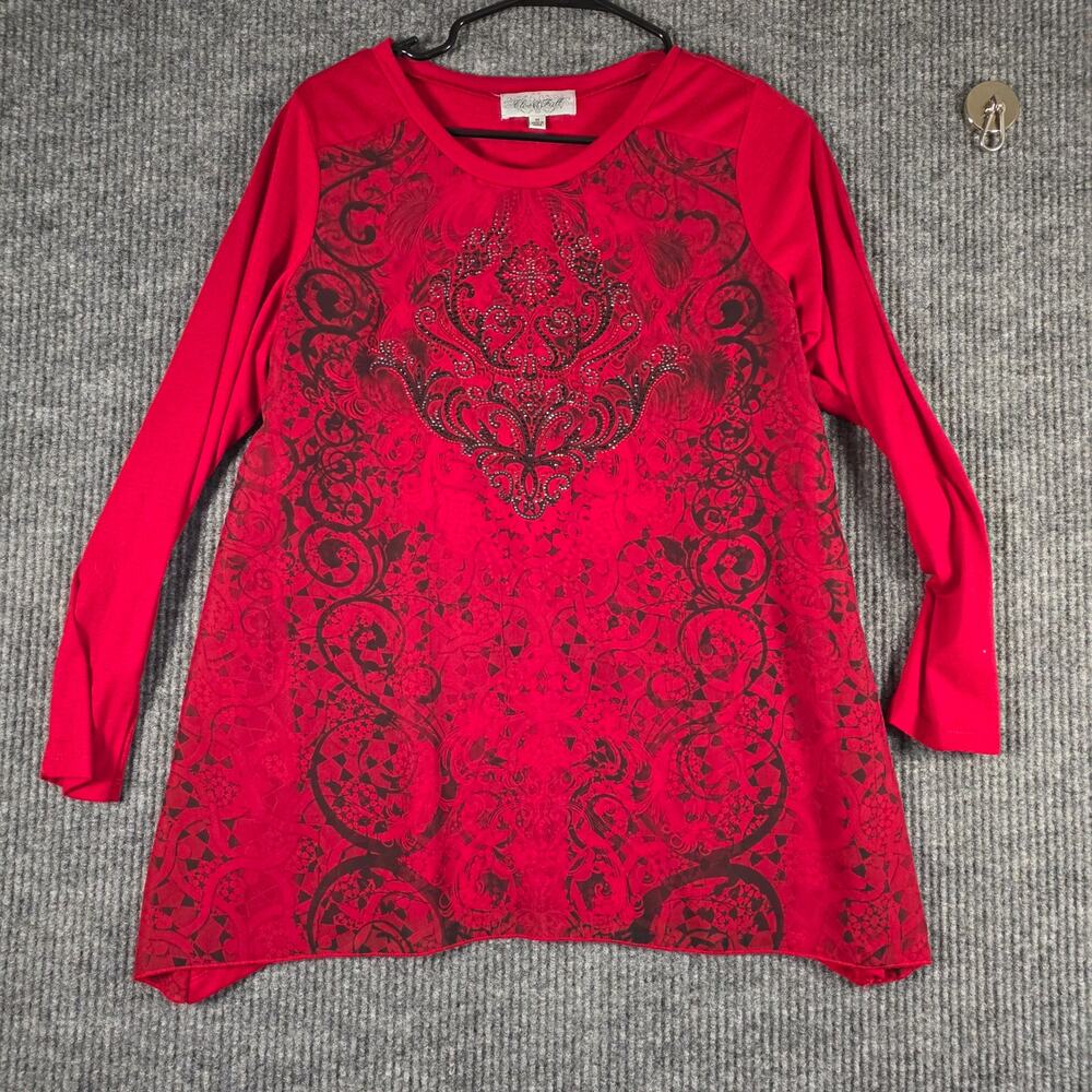Closet Full Embellished Graphic Tunic Top Red Black Long Sleeve Women M
